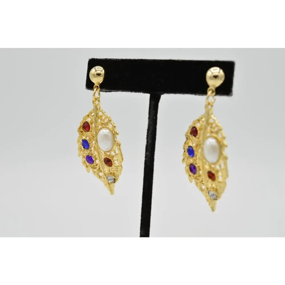 Vintage Crystal Leaf Earrings Dangle Gold Faux Pearl Multi-Color NOS 1980s W6